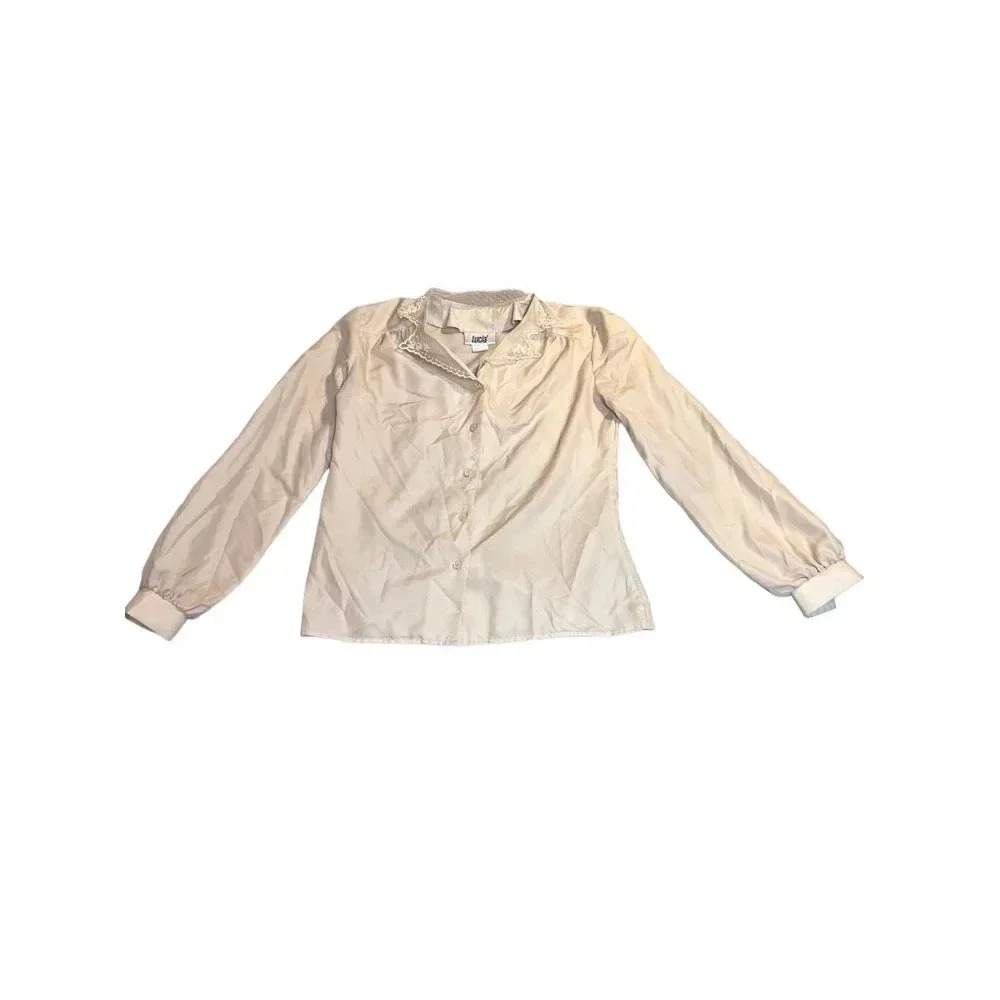 Vintage Lucia Womens Beige Lace‎ Collared Cottagecore Blouse Sz 6 Victorian